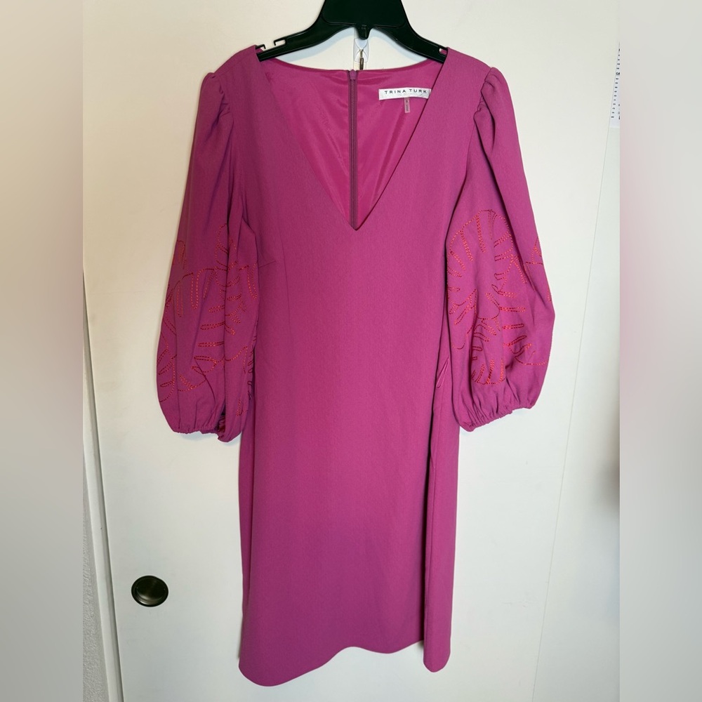 $295 Trina Turk valerian hot pink w orange Embroidered puff sleeves Sheath Dress - Picture 4 of 8